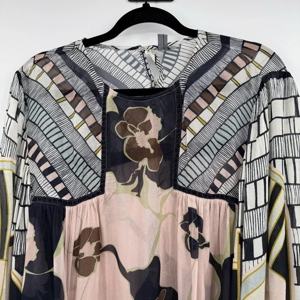 Blank London Tunic Shirt Top Womens Large Pink Floral Sheer Chiffon Lightweight
